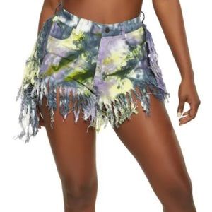 Tie Dye Fringe Denim Shorts